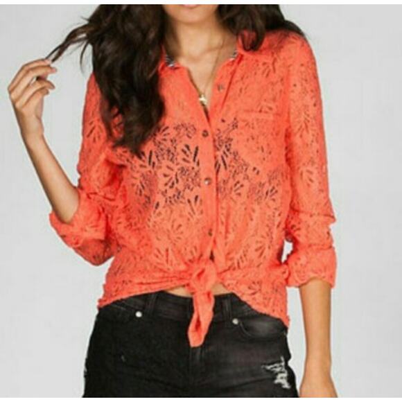 Volcom Oxford coral lace crochet long sleeve button-up Blouse Size L - Picture 2 of 6